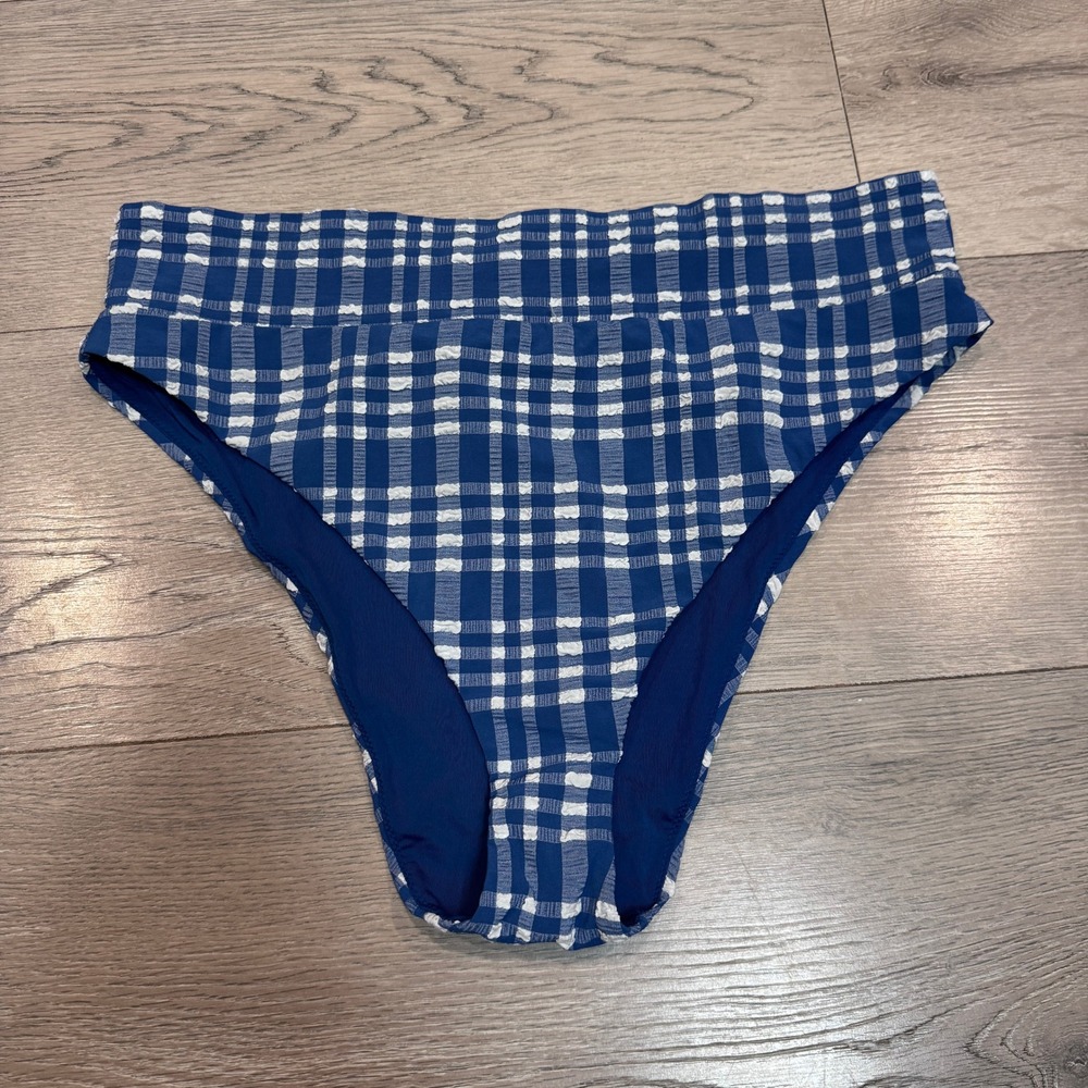 Aerie Blue White Gingham Plaid High Cut Cheeky Bikini Bottom XL High Waisted